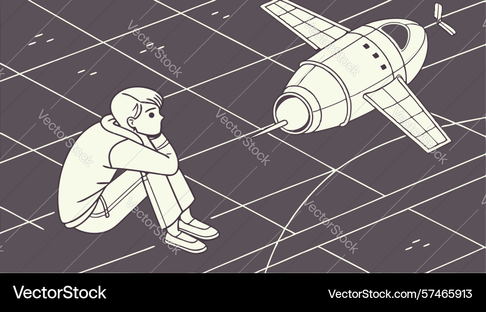 Contemplative figure beside abstract object vector image