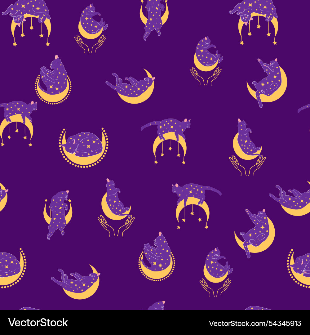 Mystical seamless pattern of cats in boho style Mystical seamless pattern of cats in boho style vector image