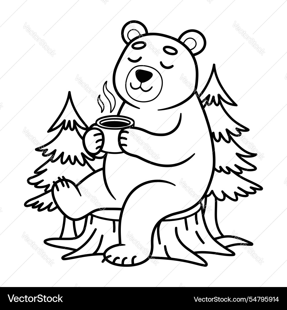 Relaxed bear drinking coffee in the forest Relaxed bear drinking coffee in the forest vector image