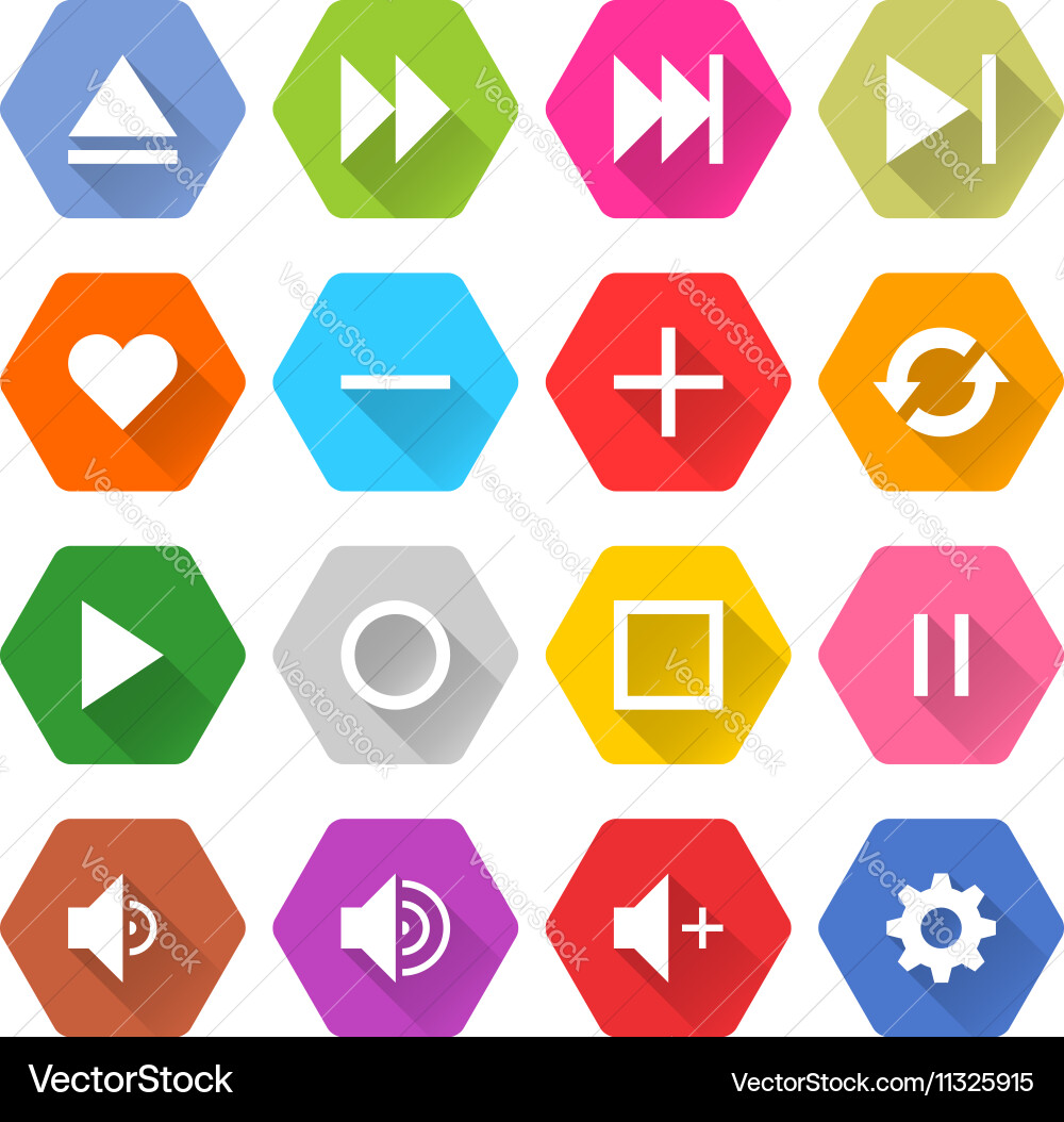 Flat media icon 16 set hexagon web button vector image