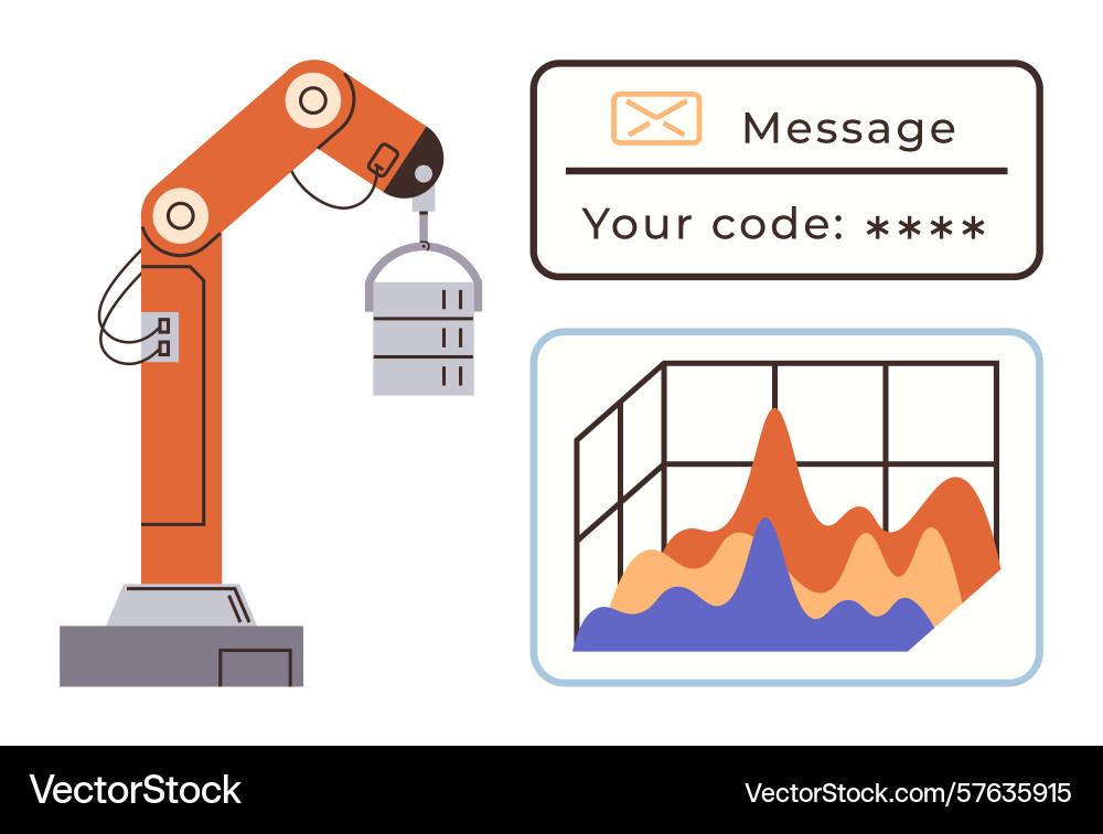 Robotic arm analyzing data with code message Robotic arm analyzing data with code message vector image