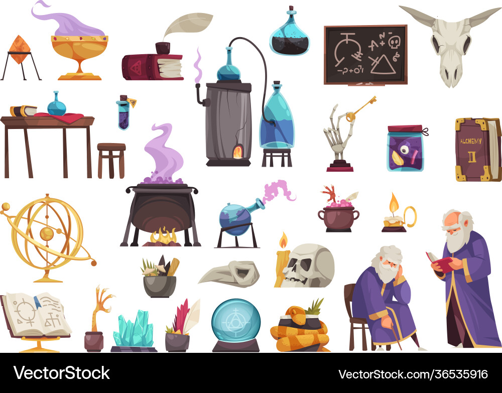 Alchemy cartoon set Royalty Free Vector Image - VectorStock