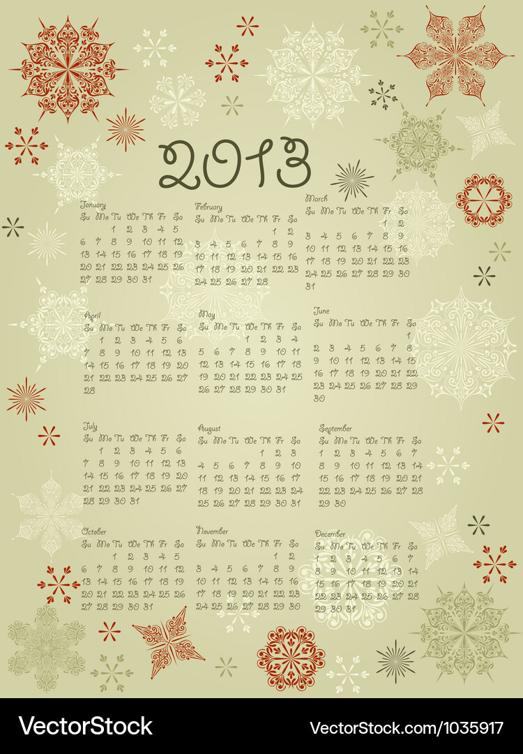2013 calendar with snowflakes Vector Image