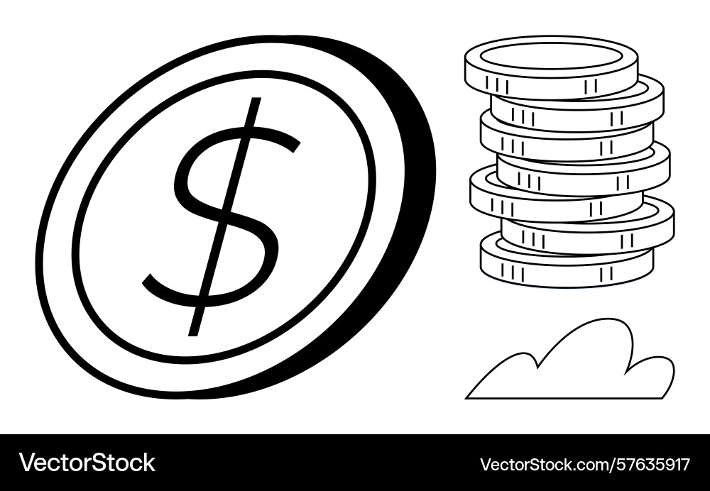 Dollar coin with stack of coins and cloud Vector Image