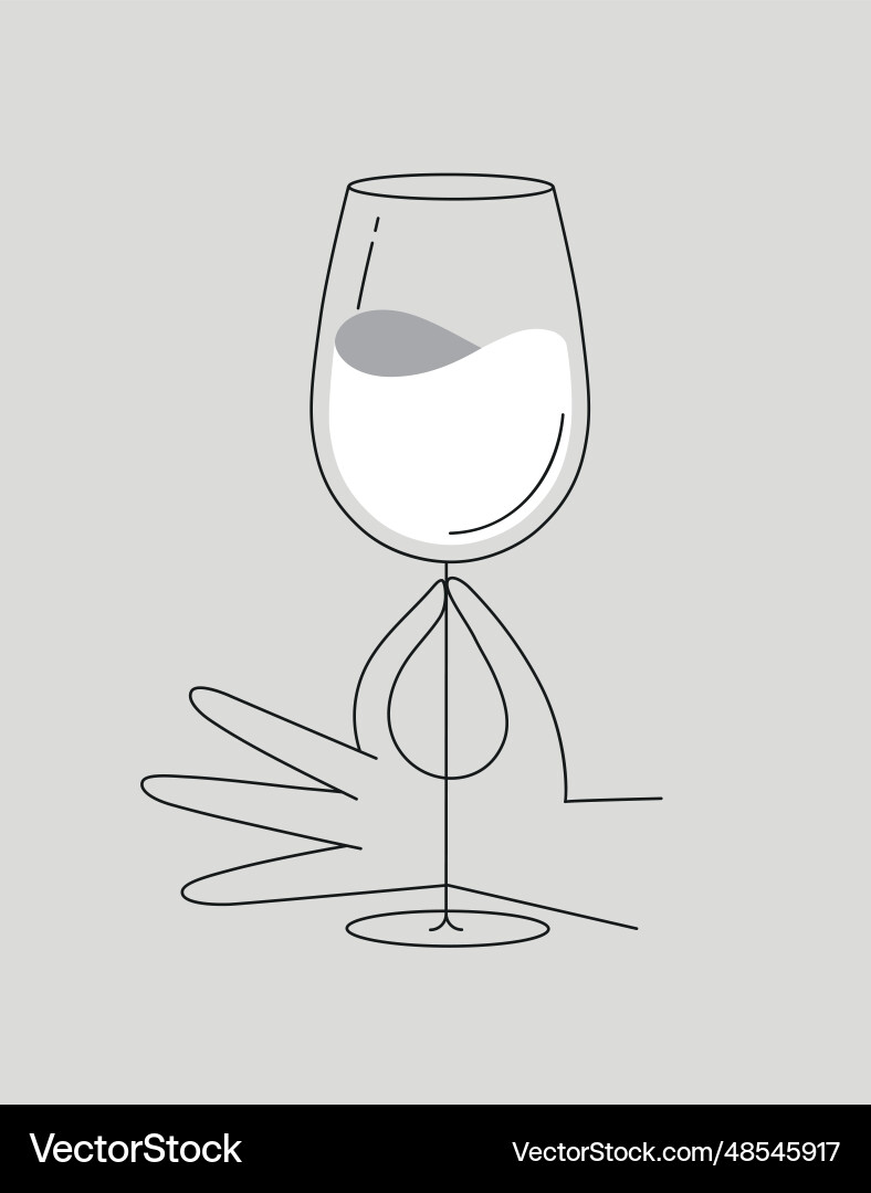 Hand holding glass of wine drawing in flat line vector image