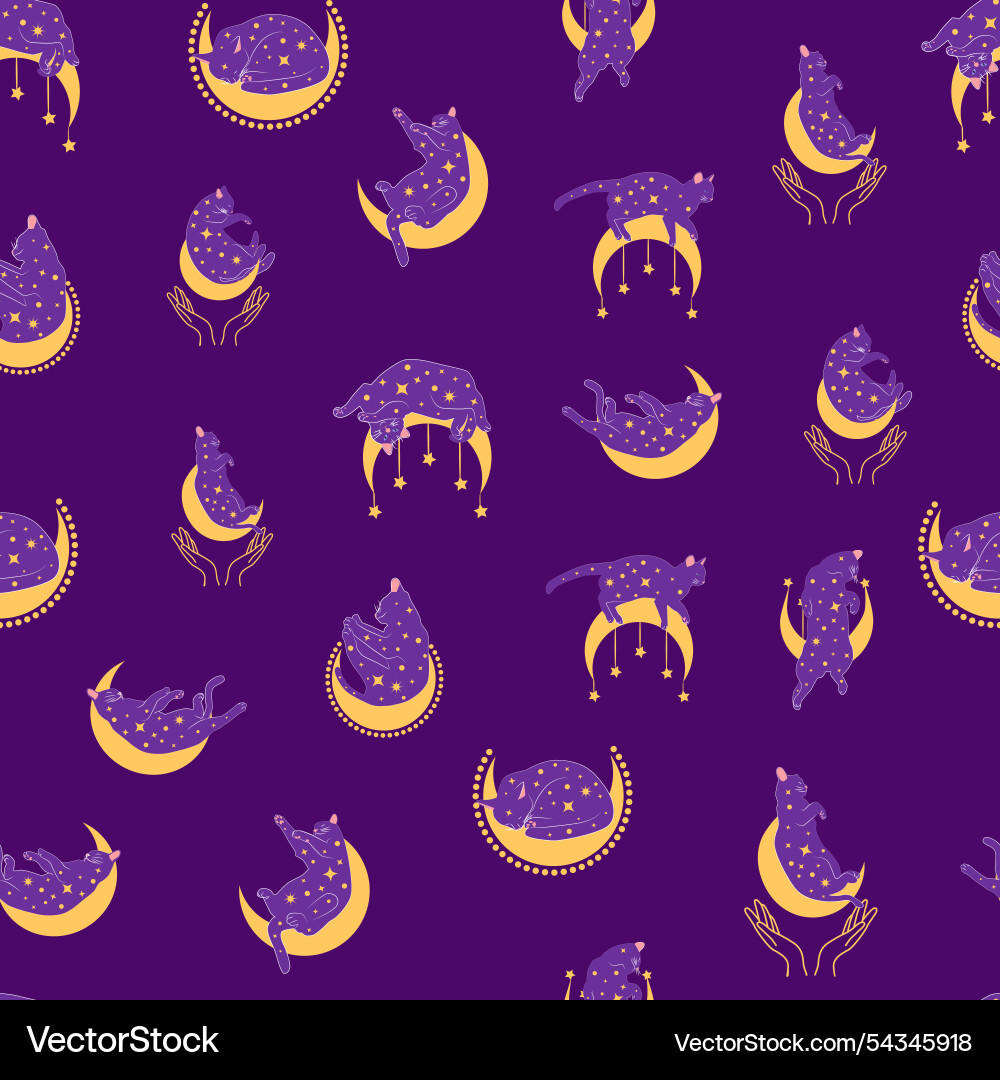 Mystical seamless pattern of cats in boho style Mystical seamless pattern of cats in boho style vector image