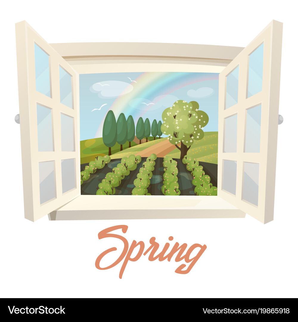 Outside view through window at spring field vector image