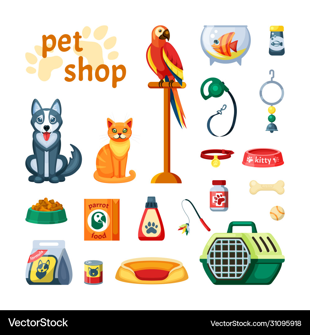 Pet Shop Accessories - Colorful Animals Vector Image