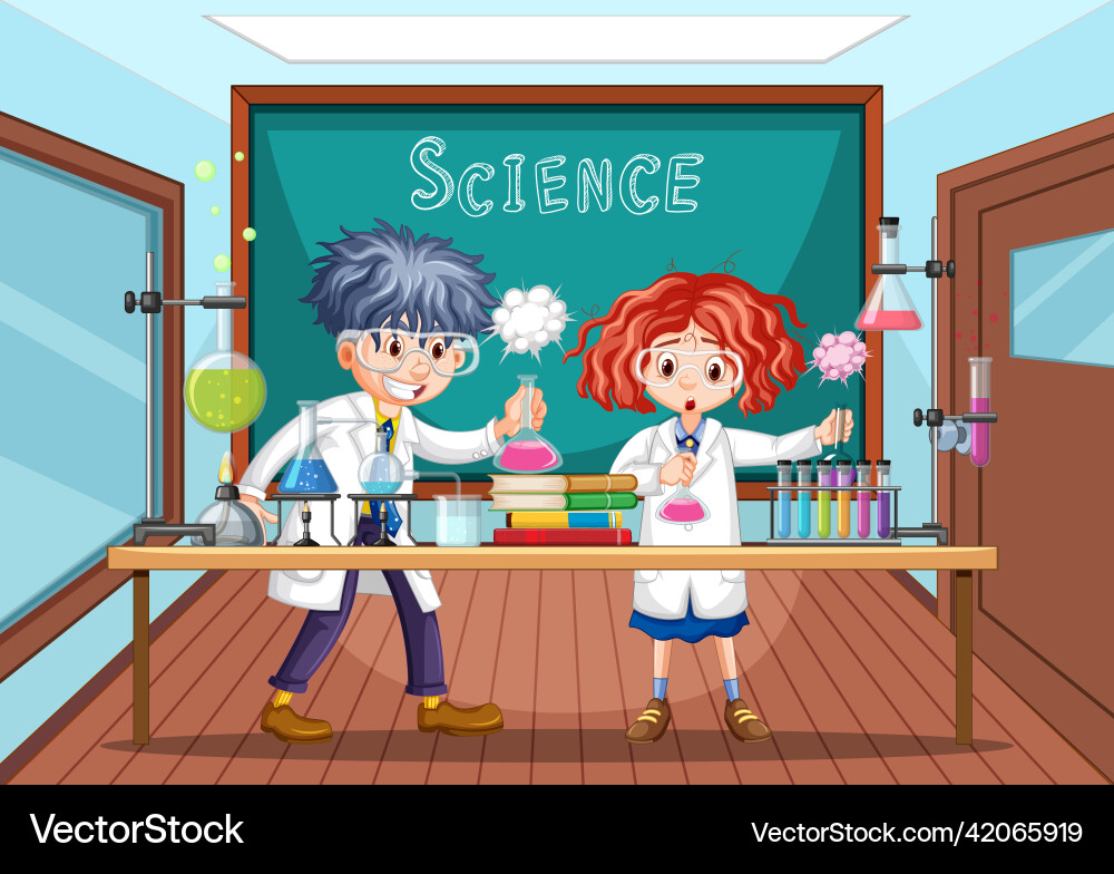 Classroom scene with scientist doing experiment Vector Image