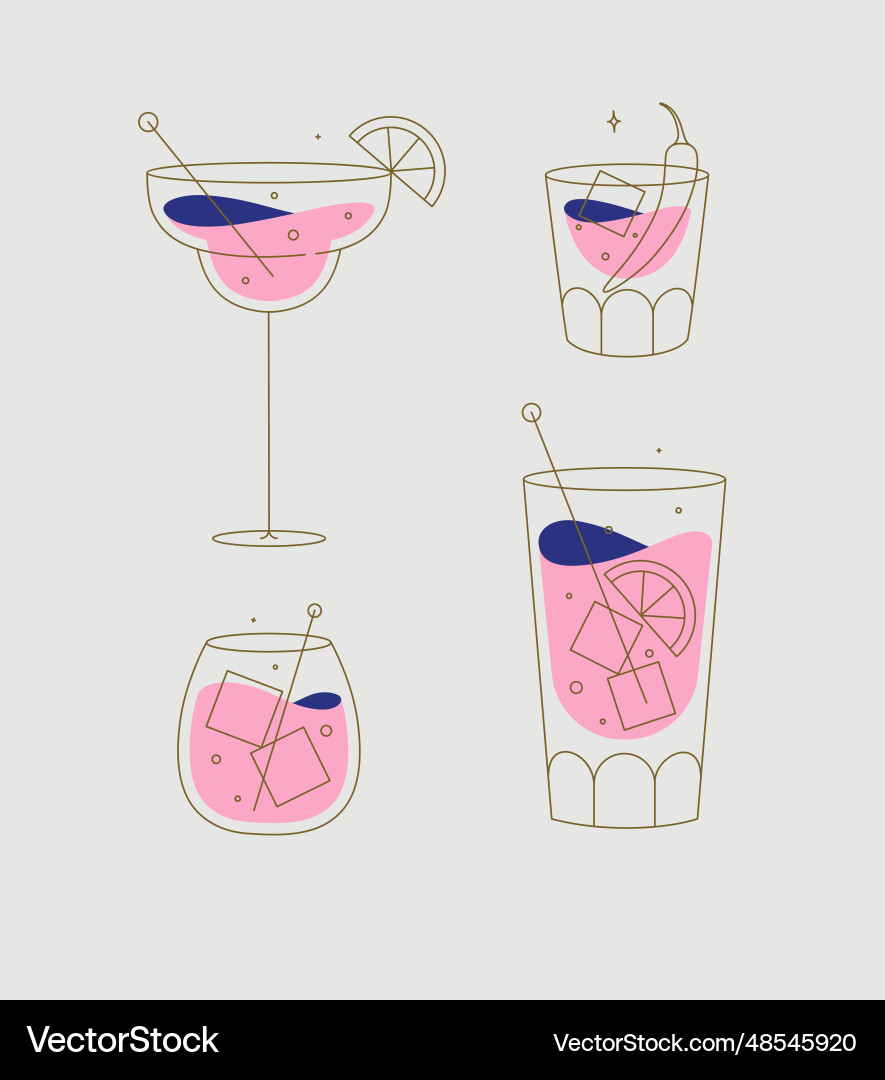 Cocktails glasses margarita whiskey flat line Cocktails glasses margarita whiskey flat line vector image