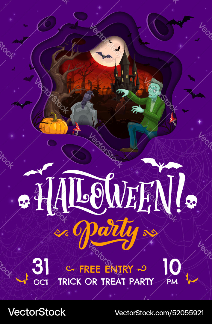 Halloween Papier Schnitt Party Flyer mit Friedhof Halloween Papier Schnitt Party Flyer mit Friedhof vektorbild