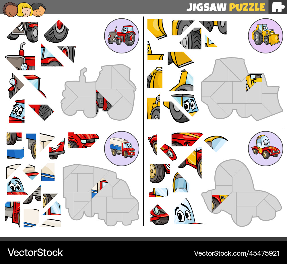 Jigsaw puzzle task with cartoon vehicle character Jigsaw puzzle task with cartoon vehicle character vector image