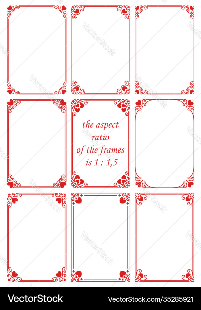 Set rectangular frames with red hearts vector image