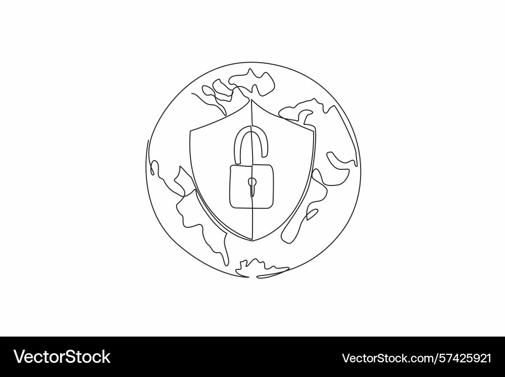 Single continuous line drawing globe with shield Single continuous line drawing globe with shield vector image