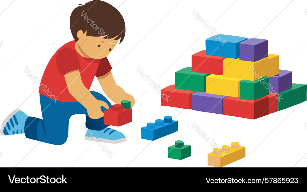 Boy building with colorful toy blocks sparking Vector Image