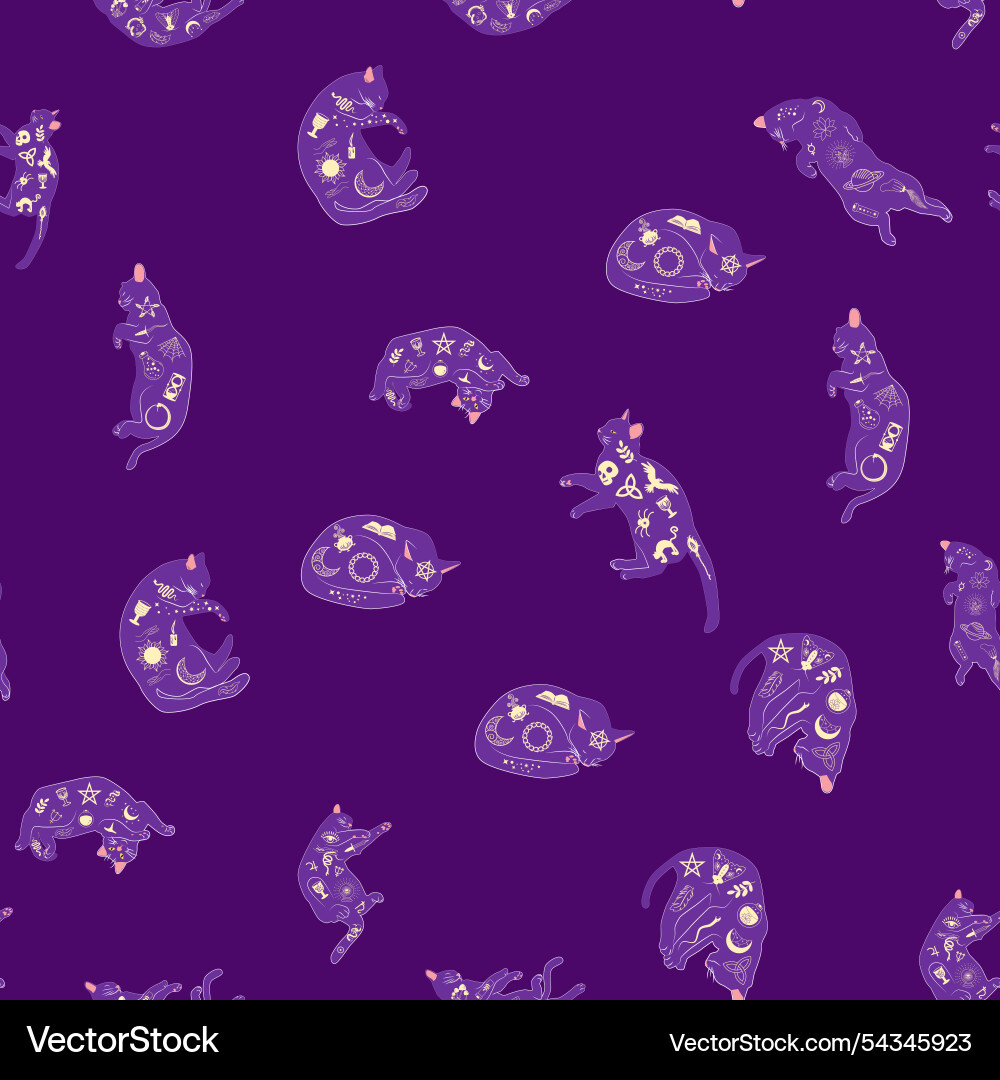 Mystical seamless pattern of cats in boho style Mystical seamless pattern of cats in boho style vector image