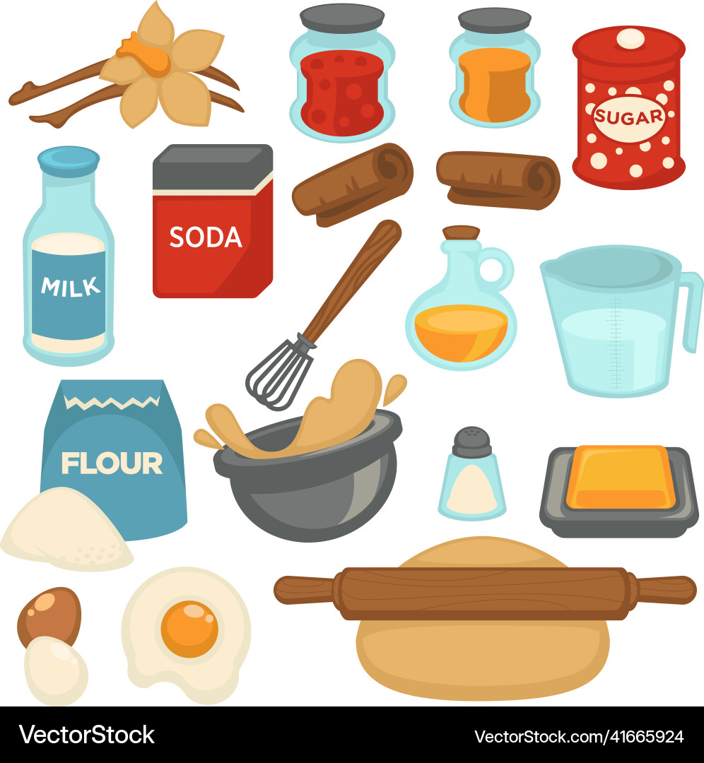 Cooking and baking ingredients flour eggs Cooking and baking ingredients flour eggs vector image