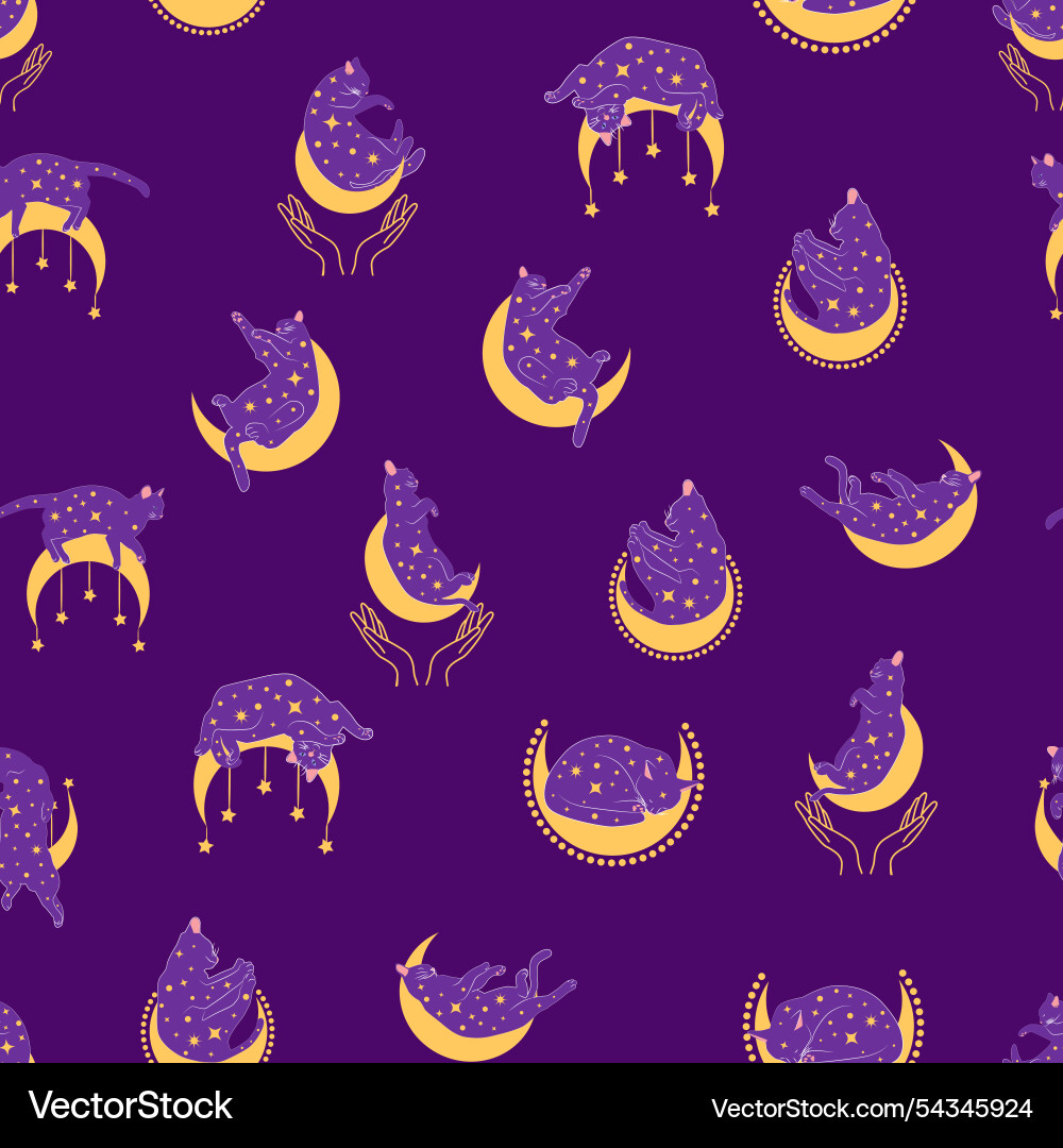 Mystical seamless pattern of cats in boho style Vector Image