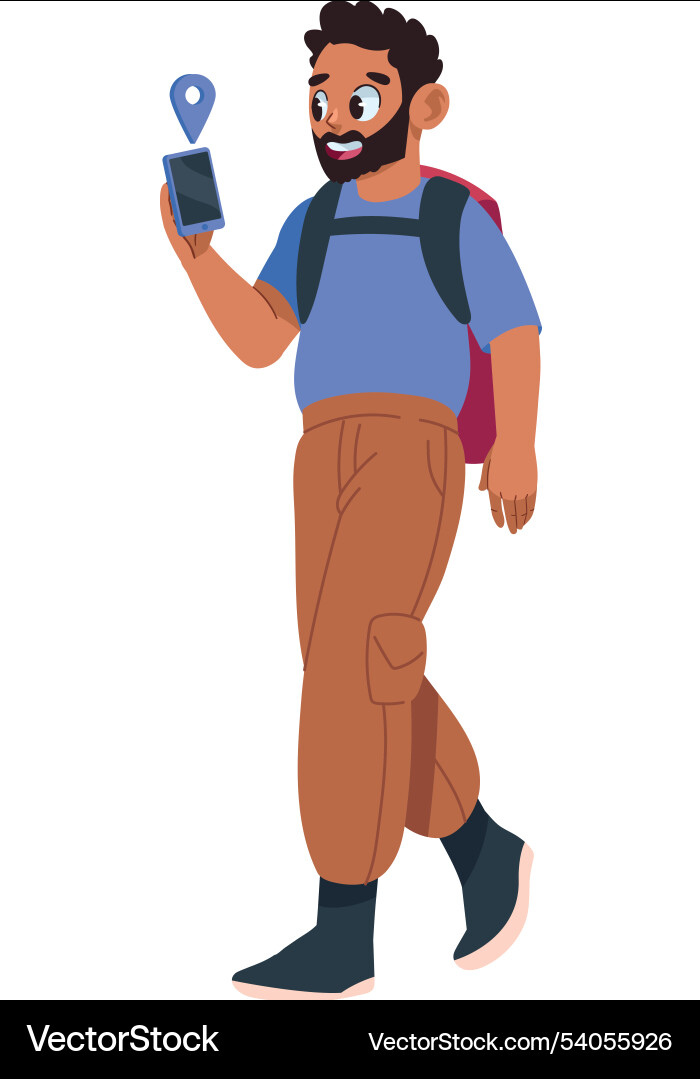 Backpacker using gps in mobile phone Vector Image