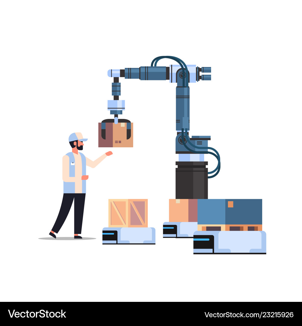 Man engineer controlling robotic hand putting Man engineer controlling robotic hand putting vector image