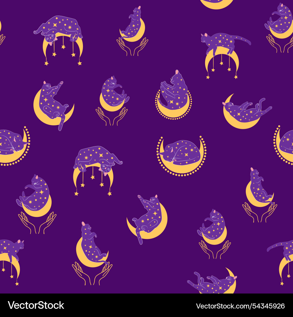 Mystical seamless pattern of cats in boho style Mystical seamless pattern of cats in boho style vector image