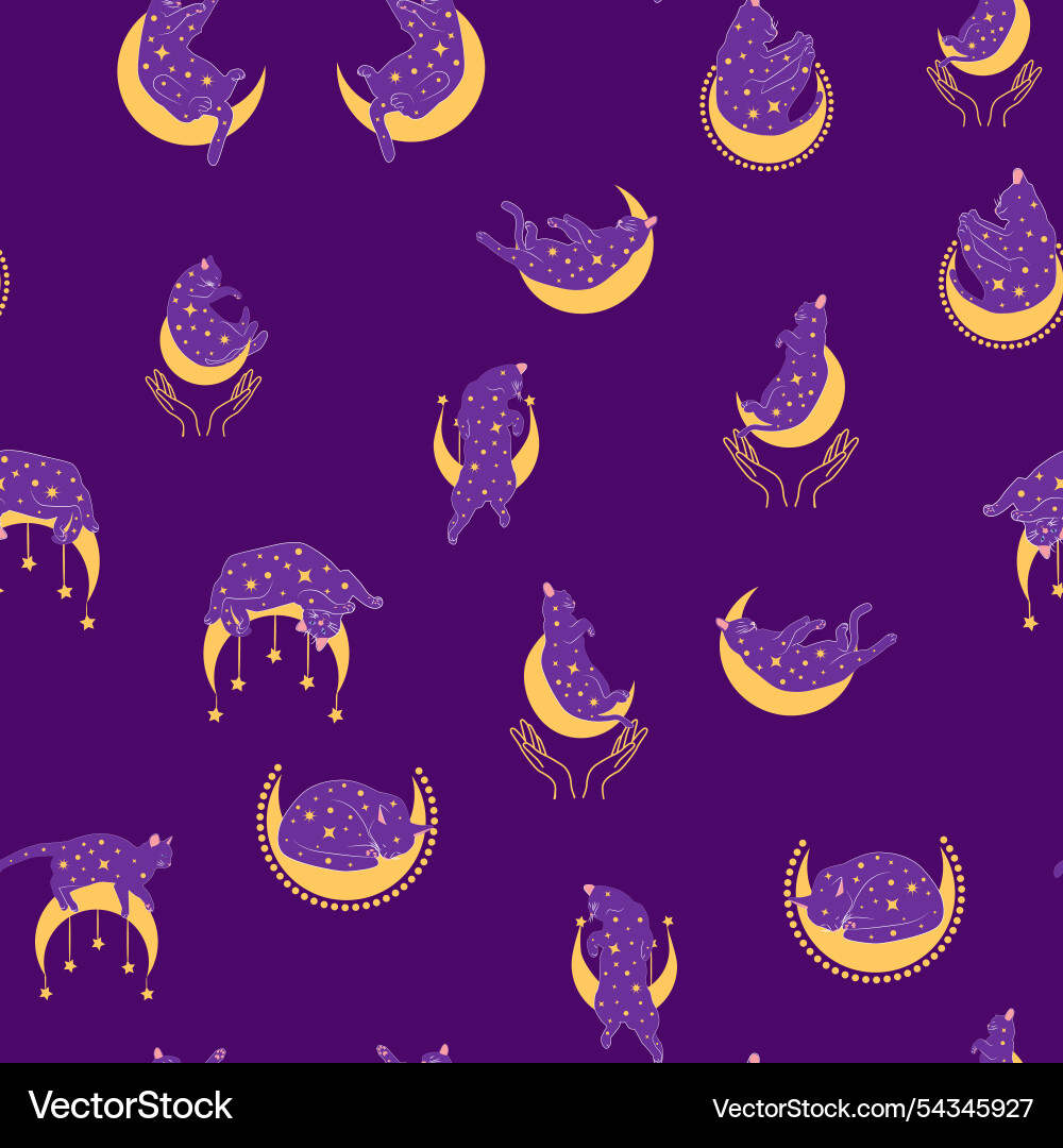 Mystical seamless pattern of cats in boho style Mystical seamless pattern of cats in boho style vector image