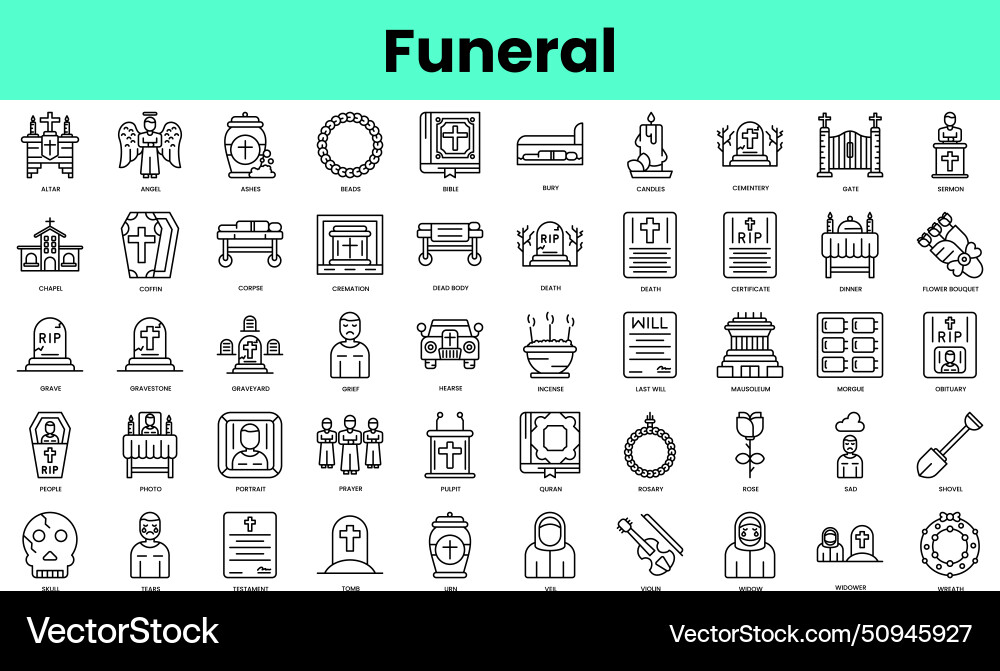Set of funeral icons linear style icon bundle Set of funeral icons linear style icon bundle Vector Image