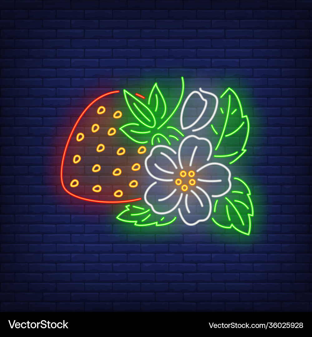 Erdbeere mit Blume und Blätter Neonzeichen Erdbeere mit Blume und Blätter Neonzeichen vektorbild