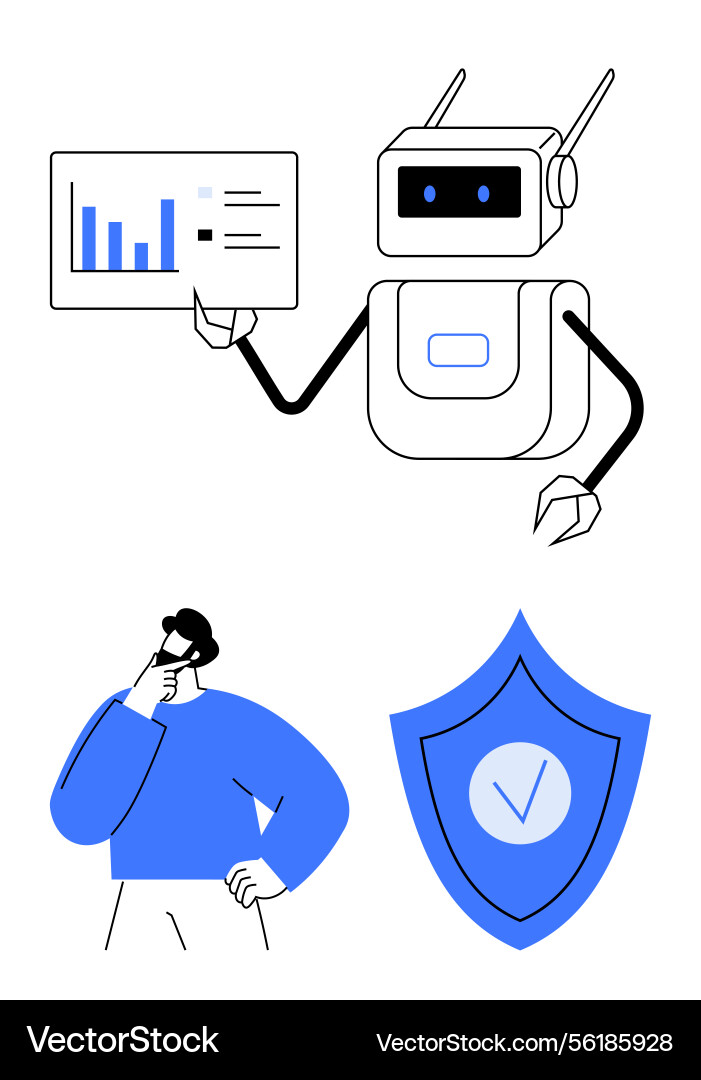 Robot presenting data insights with thoughtful Robot presenting data insights with thoughtful vector image