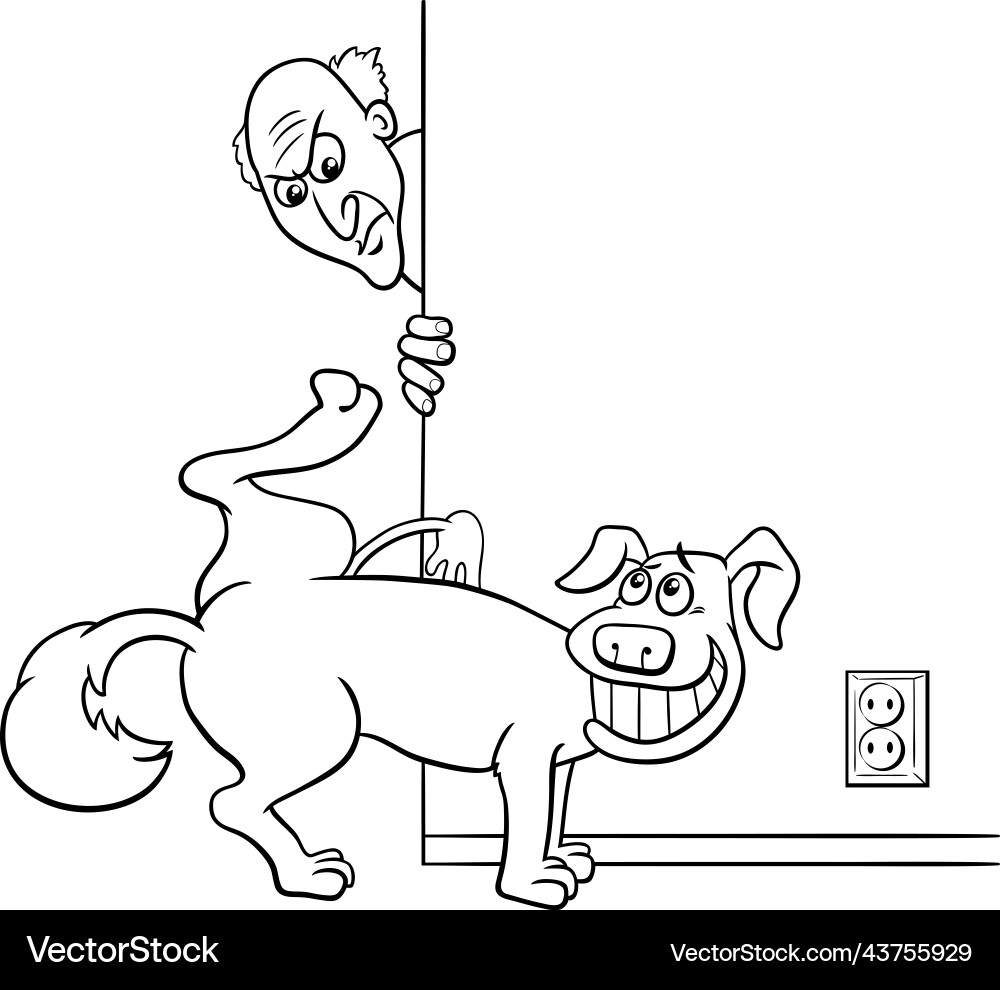 Cartoon dog peeing at home and his angry owner Vector Image