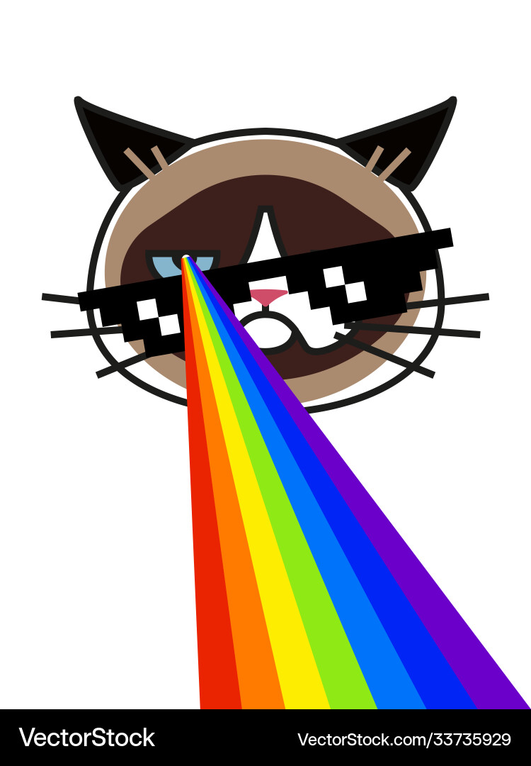 Grumpy cat in pixel glasses with rainbow lasers vector image