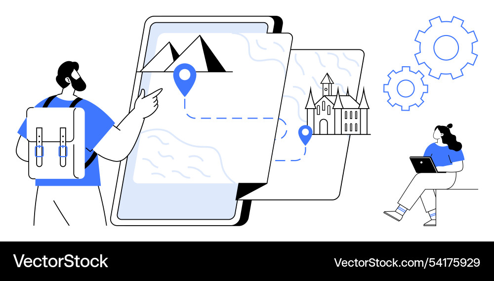 Travelers using digital tablet with map and route Vector Image