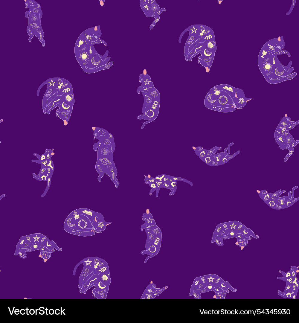 Mystical seamless pattern of cats in boho style Mystical seamless pattern of cats in boho style vector image