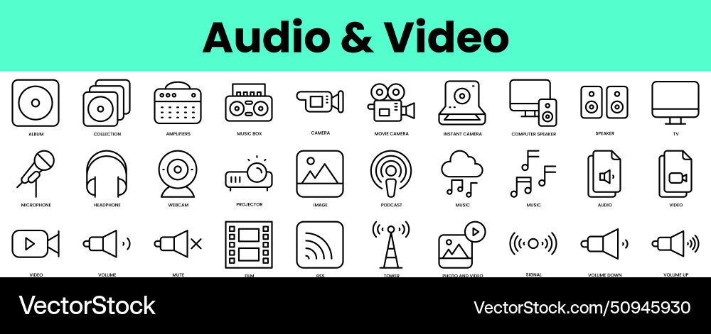 Set of audio and video icons linear style icon Set of audio and video icons linear style icon vector image