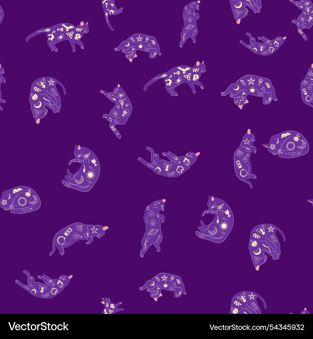 Mystical seamless pattern of cats in boho style Vector Image