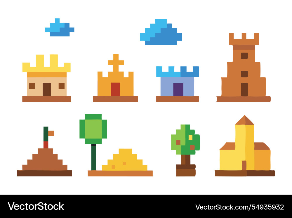 Pixelated game scenery collection set isolated Pixelated game scenery collection set isolated Vector Image