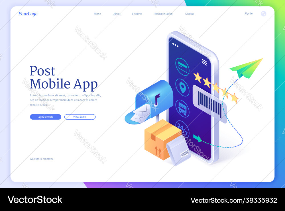 Post mobile app isometric landing mail application Post mobile app isometric landing mail application vector image