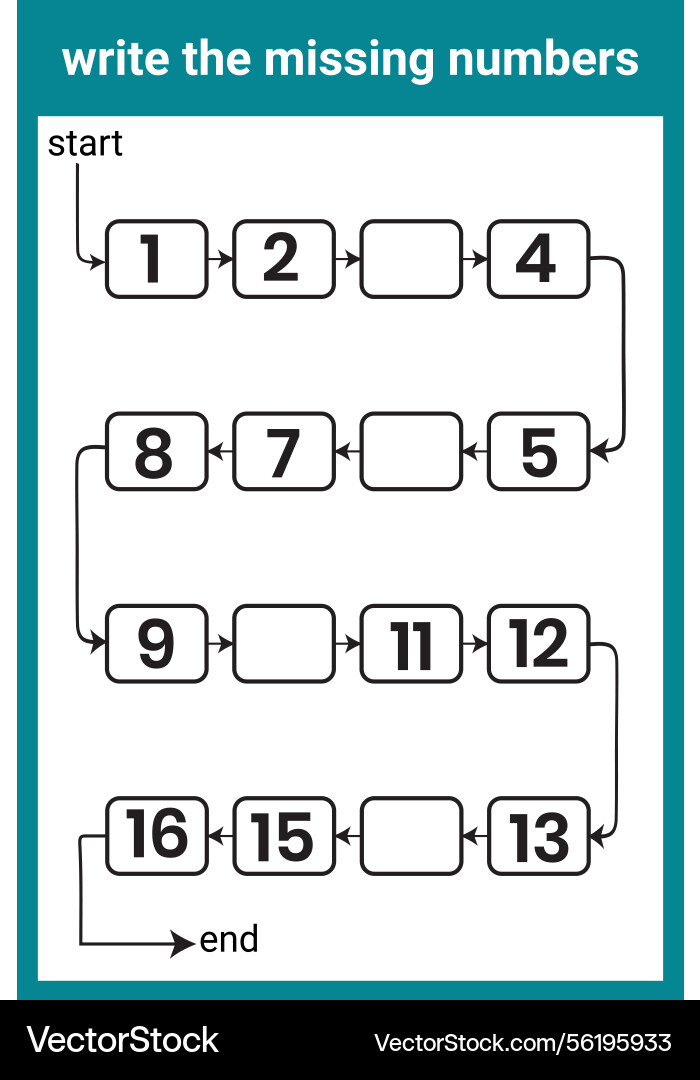 Write the missing number mathematics worksheet Vector Image