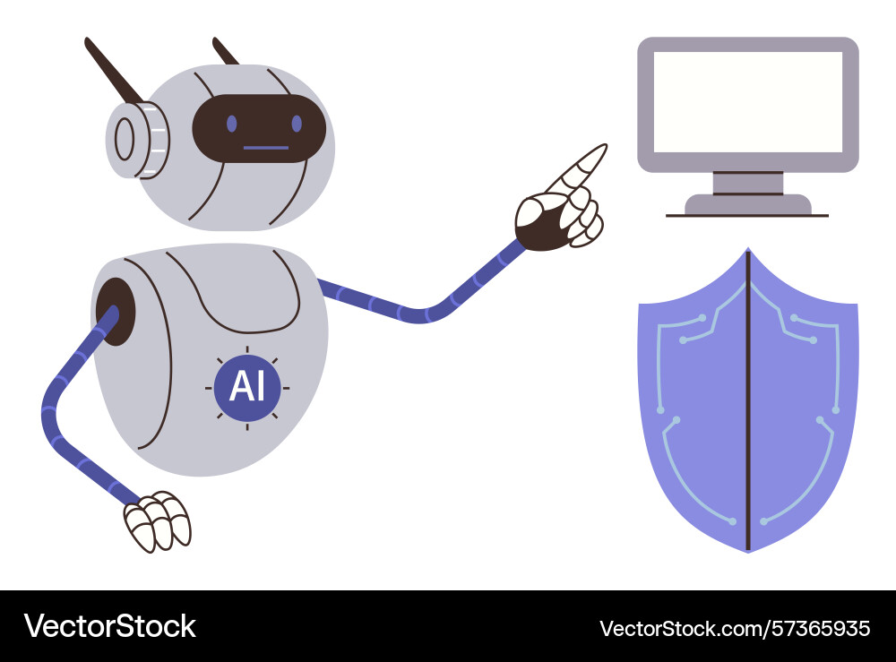 Ai robot ensuring digital security with computer Ai robot ensuring digital security with computer vector image