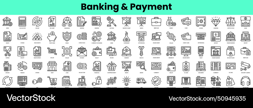 Set of banking and payment icons linear style Set of banking and payment icons linear style vector image
