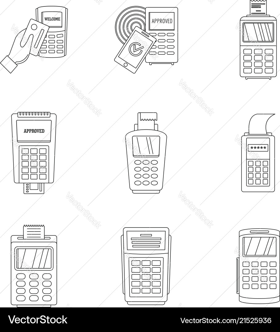 Bank terminal credit card icons set outline style Bank terminal credit card icons set outline style vector image