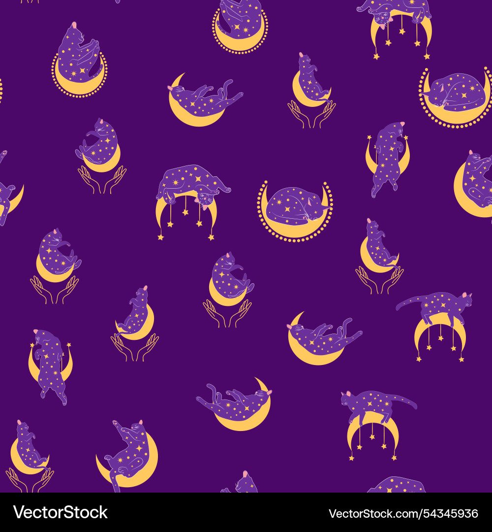 Mystical seamless pattern of cats in boho style Mystical seamless pattern of cats in boho style Vector Image