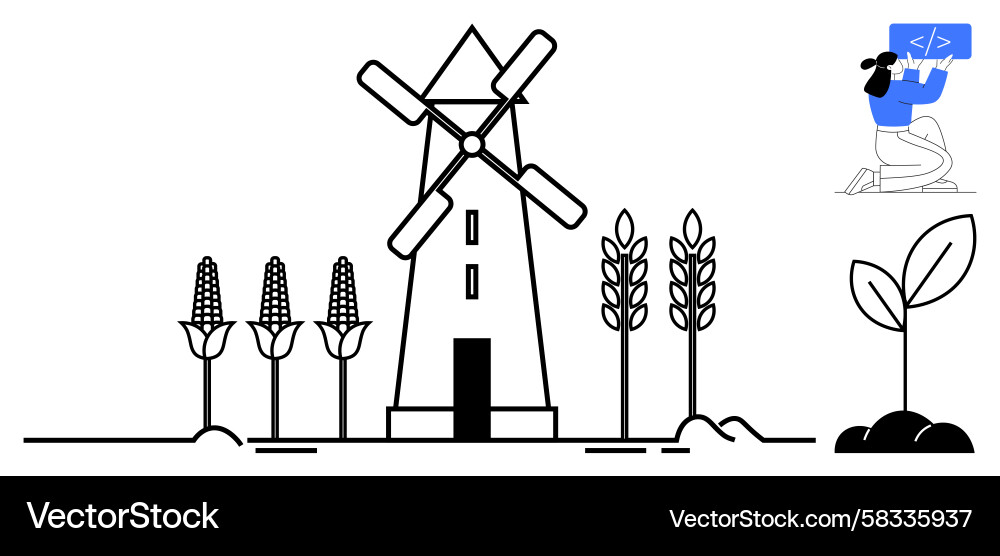 Windmill with Crops & Coding Vector Image