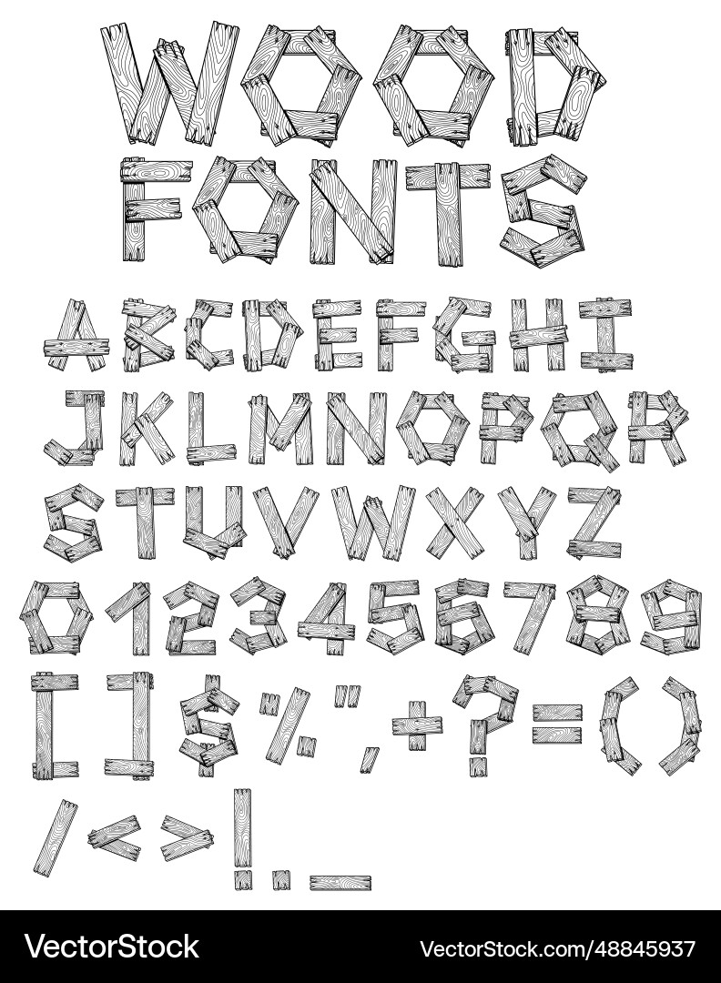 Wooden Plank Alphabet Letters Numbers vector image