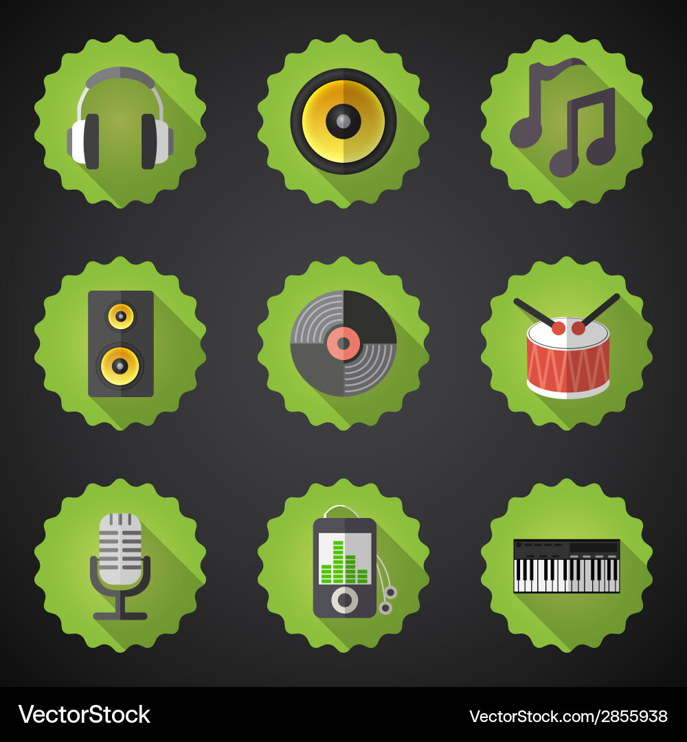 Musik-Flach-Icon-Set enthalten Lautsprecher mic Vinyl mp3 vektorbild