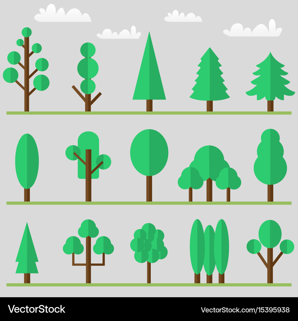 Tree icon set with clouds and grass vector image