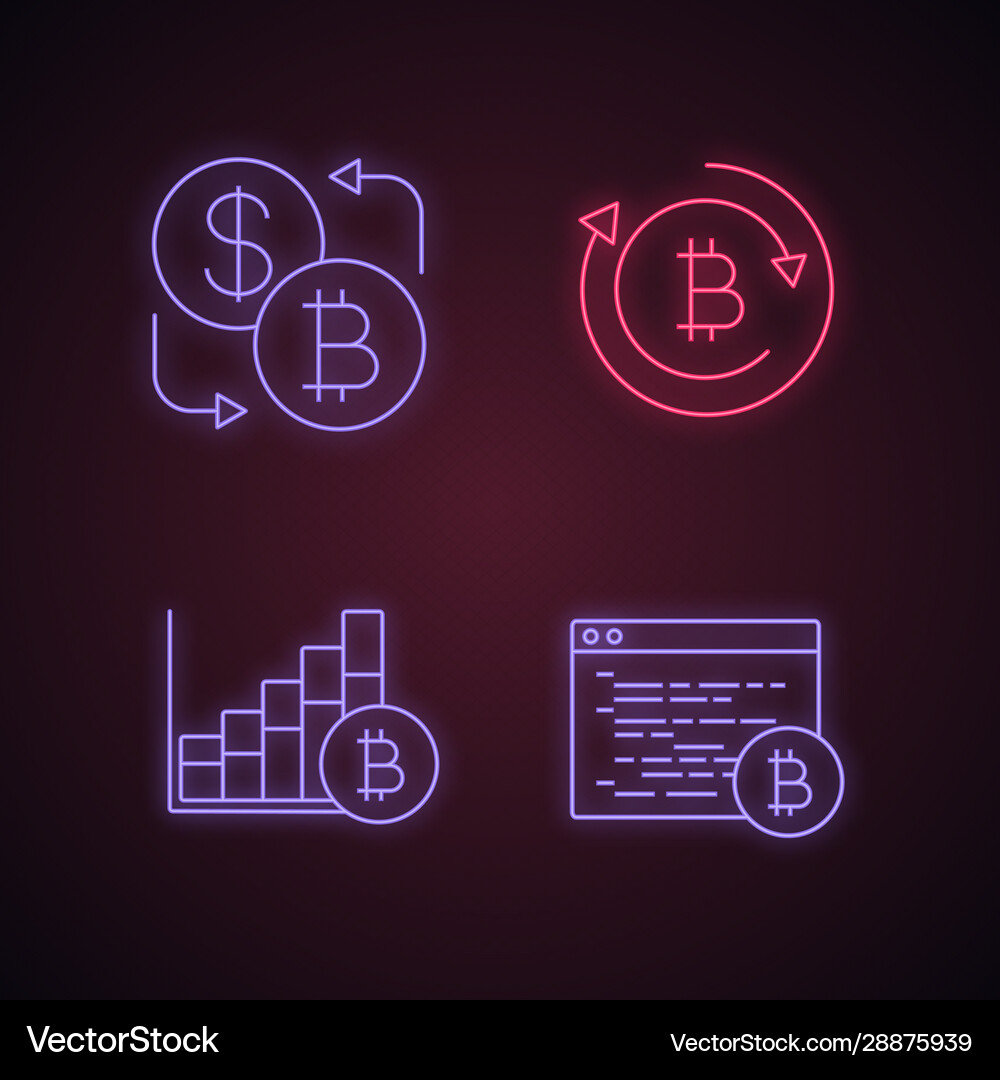 Bitcoin cryptocurrency neon light icons set – Royalty-Free Vector |  VectorStock