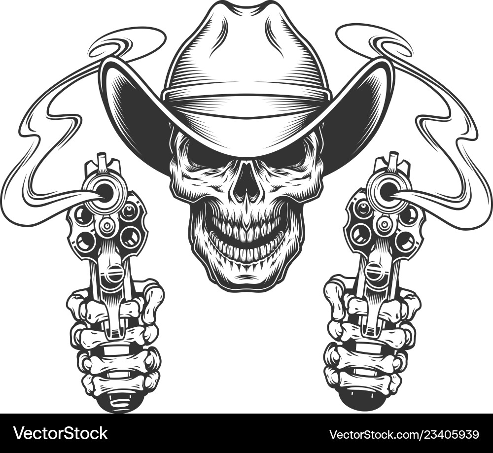 Monochrome Cowboy Skull with Guns vector image