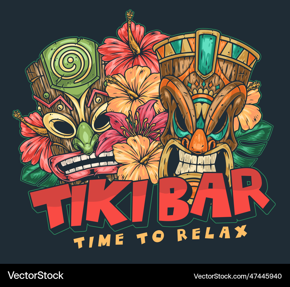 Tiki Masks & Tropical Flowers vector image
