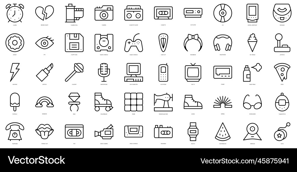 Set of simple outline nineties icons thin line Vector Image
